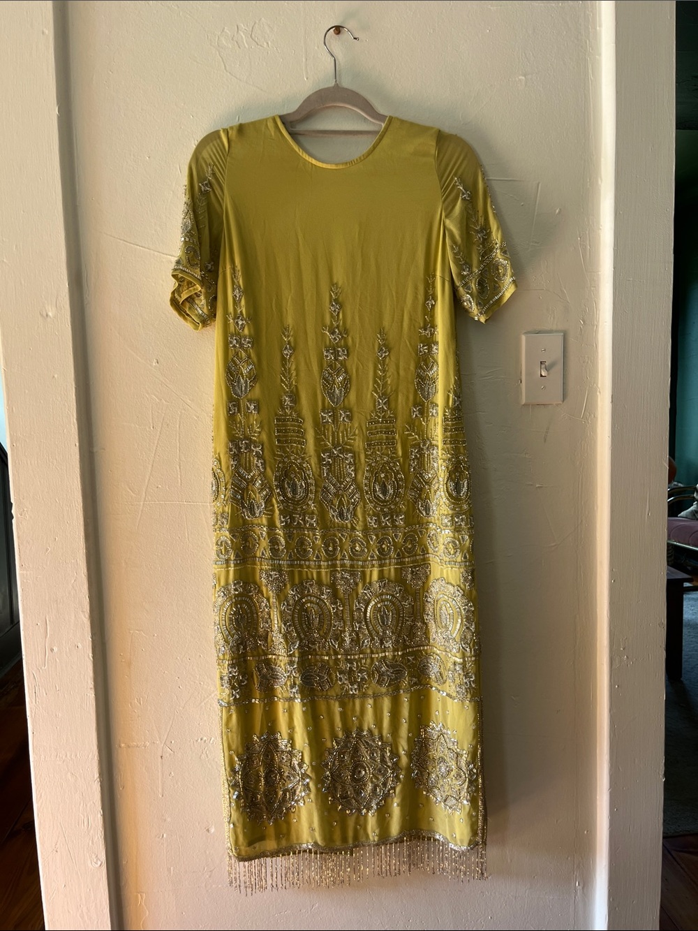 ASOS Yellow-Green Beaded Short Sleeve Maxi Dress